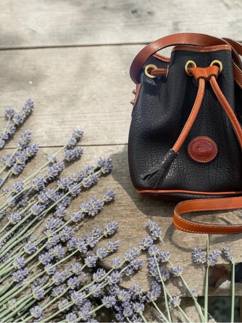 Dooney & Bourke Black with Brown Trim Pebbled Leather Drawstring Crossbody